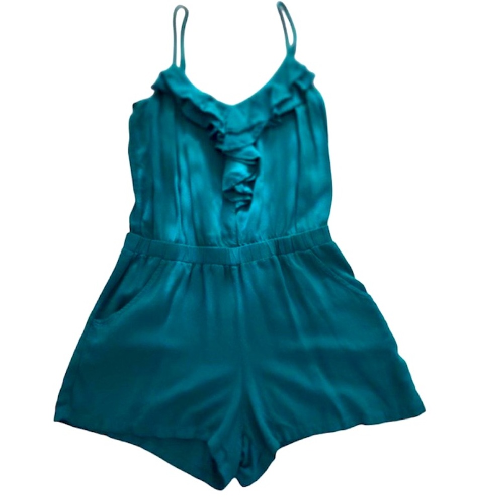🌞 Forever 21 teal aqua front ruffle spaghetti string pull-up romper women jr S